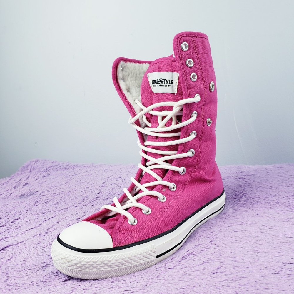 12" eyelet Converse style Pink Hi Top sherpa lined sneaker 38 Roll up Spring/FW